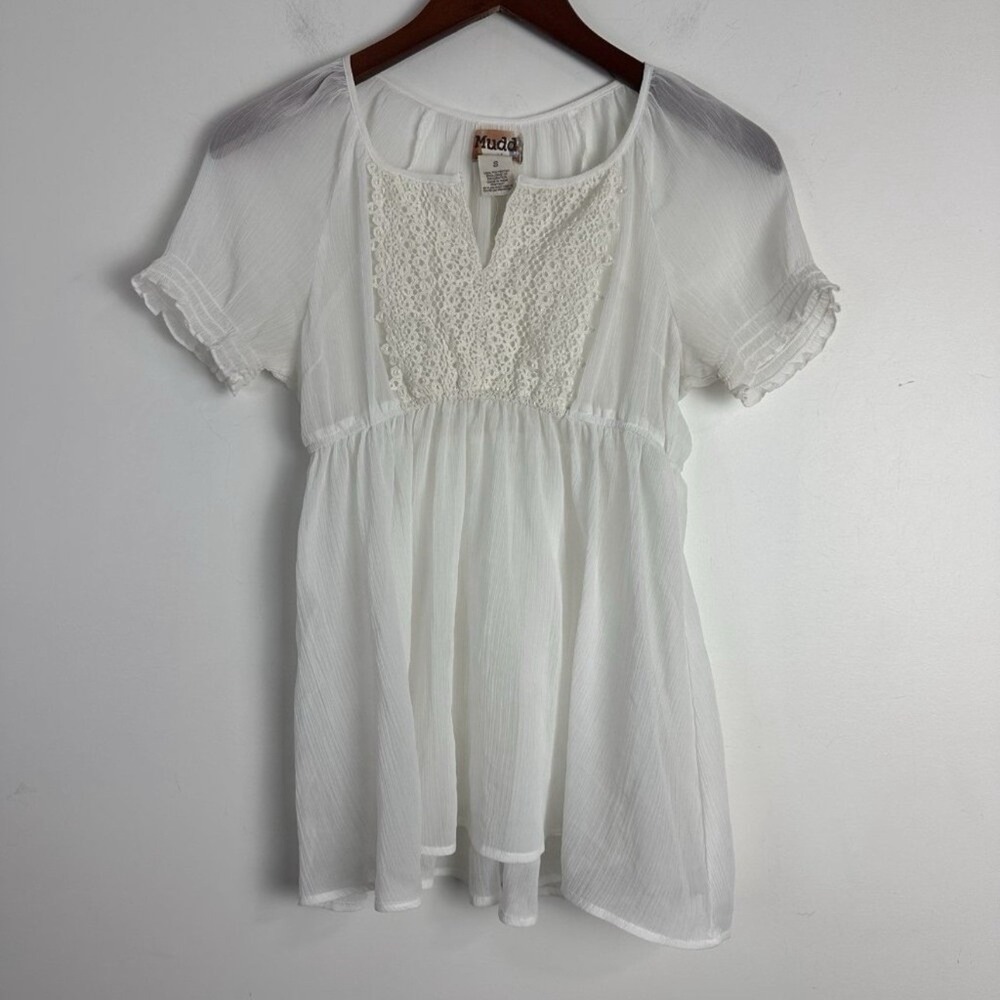 Y2K Fairy Babydoll Sheer Lace Top White‎ Milkmaid Short Sleeve Peasant Small